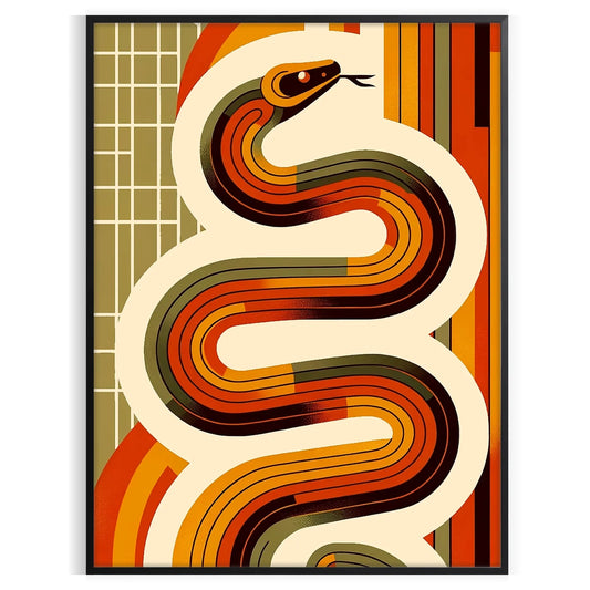 touch nostalgia space midcentury snake poster vibrant orange red hues unique wall art room standout piece thoughtful gift unframed edition decor