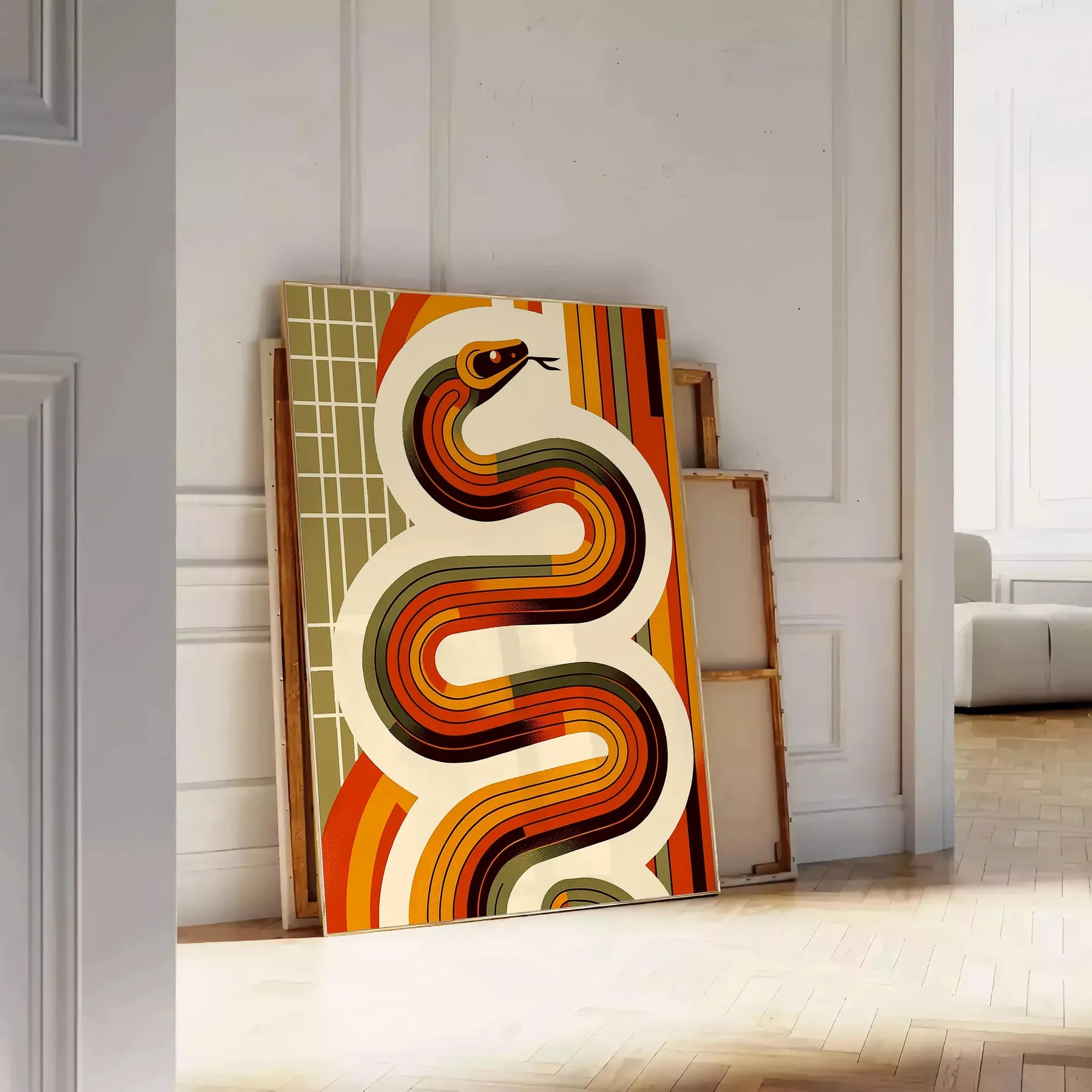 touch nostalgia space midcentury snake poster vibrant orange red hues unique wall art room standout piece thoughtful gift unframed edition decor