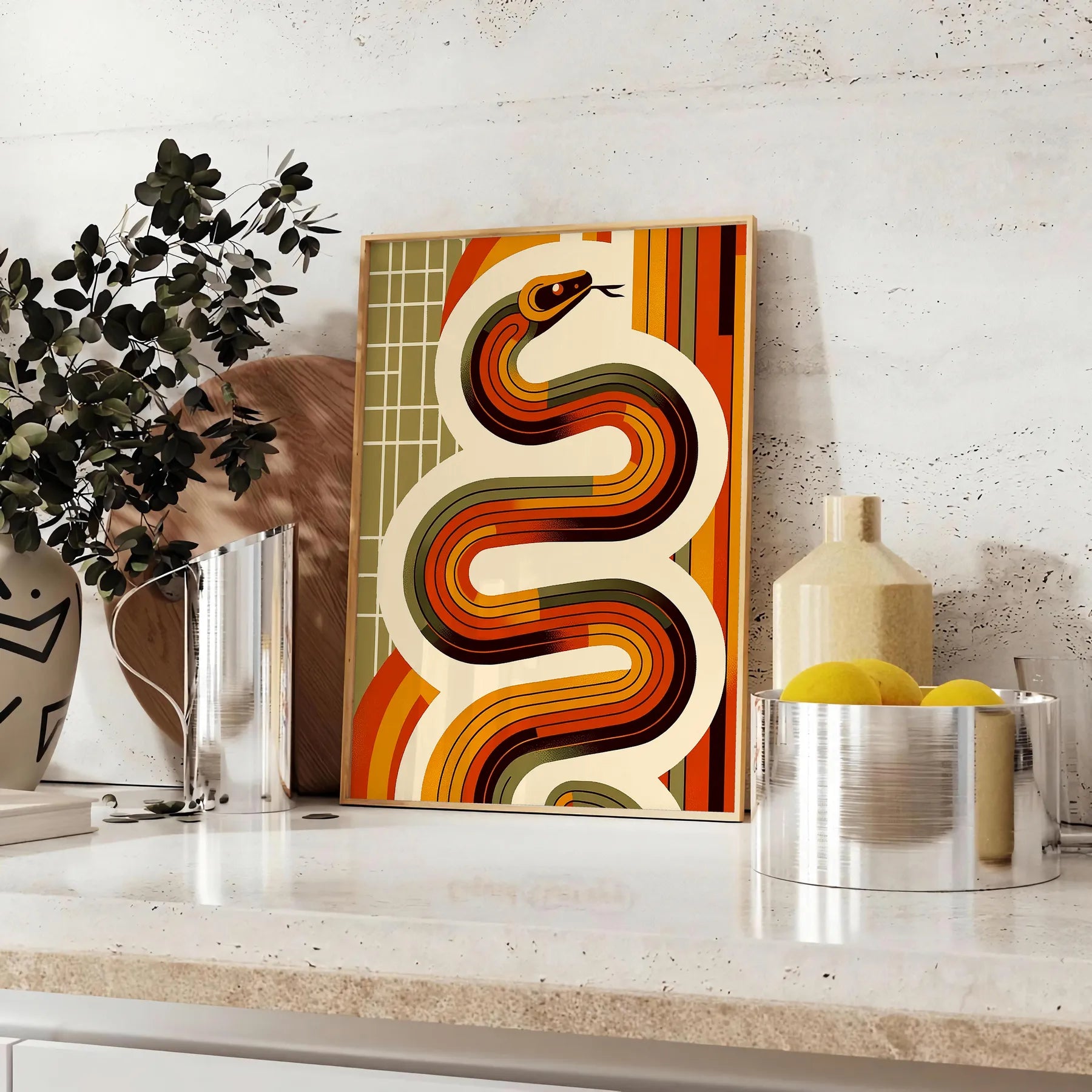 touch nostalgia space midcentury snake poster vibrant orange red hues unique wall art room standout piece thoughtful gift unframed edition decor