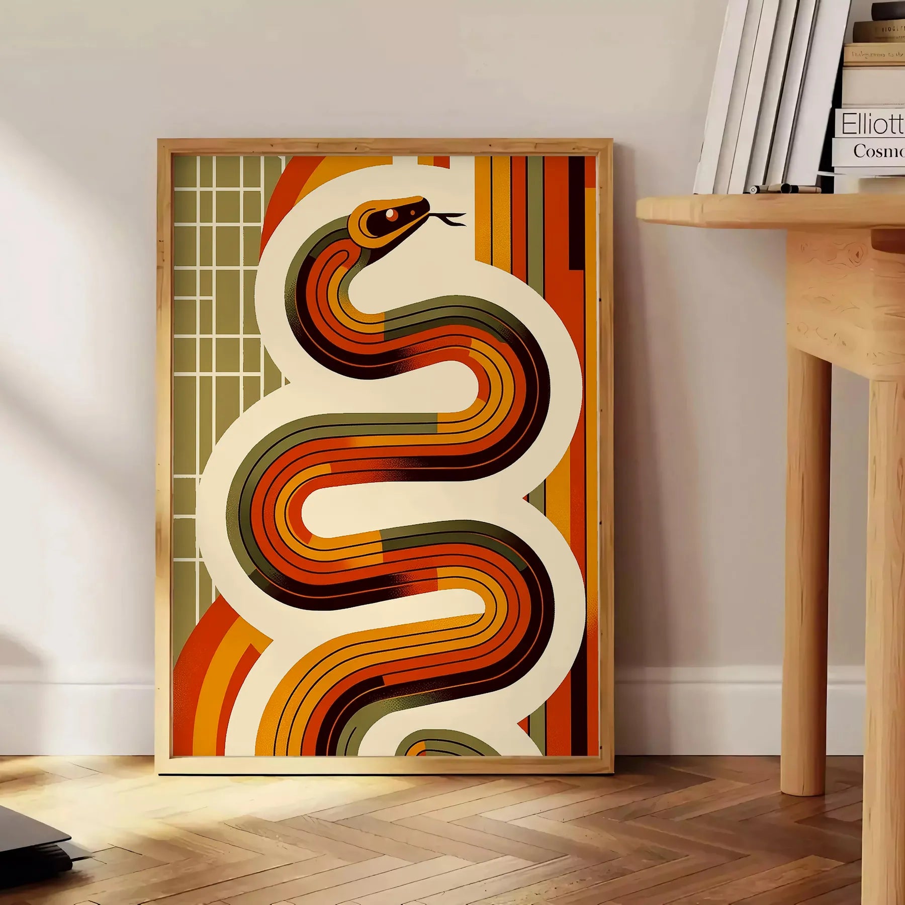 touch nostalgia space midcentury snake poster vibrant orange red hues unique wall art room standout piece thoughtful gift unframed edition decor