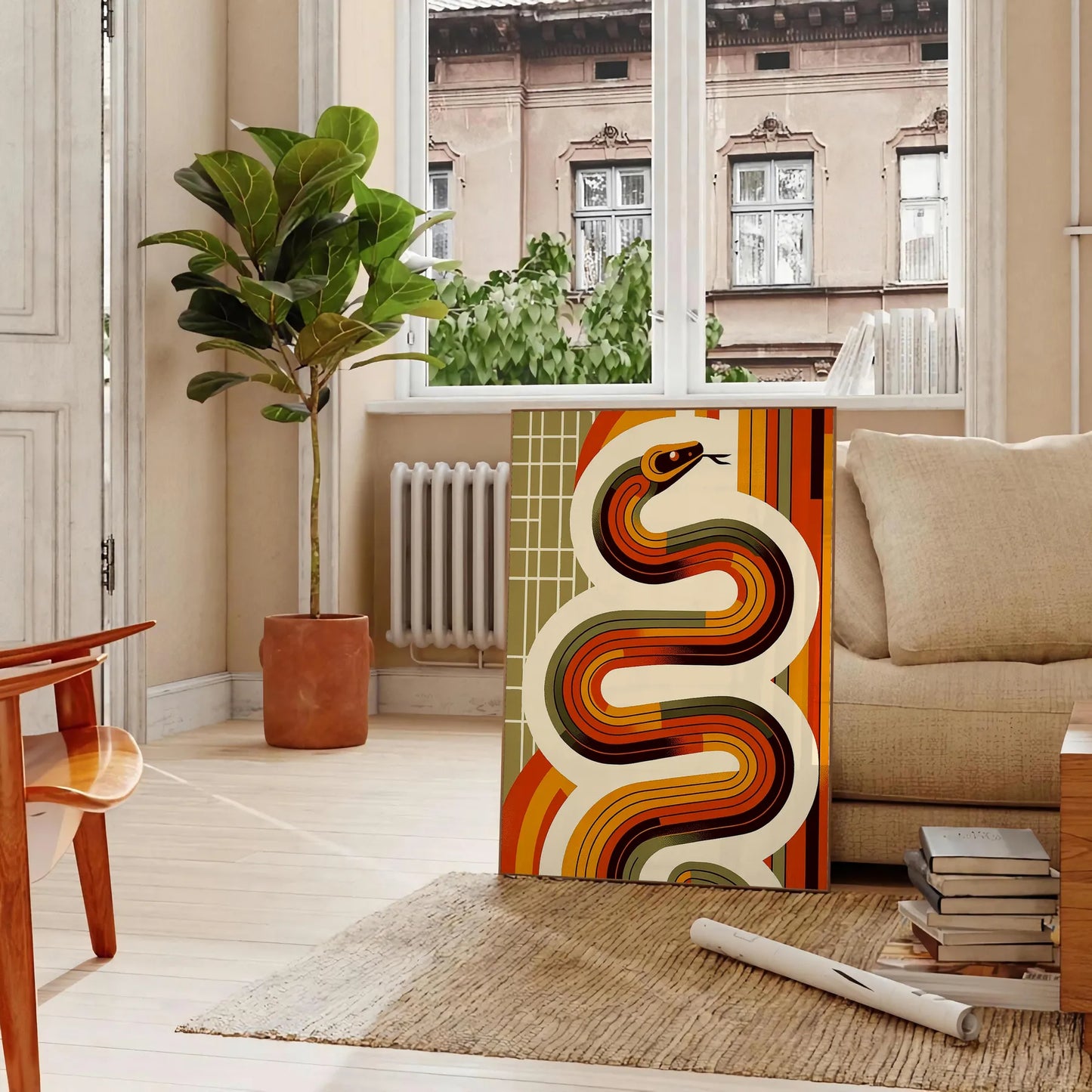 touch nostalgia space midcentury snake poster vibrant orange red hues unique wall art room standout piece thoughtful gift unframed edition decor
