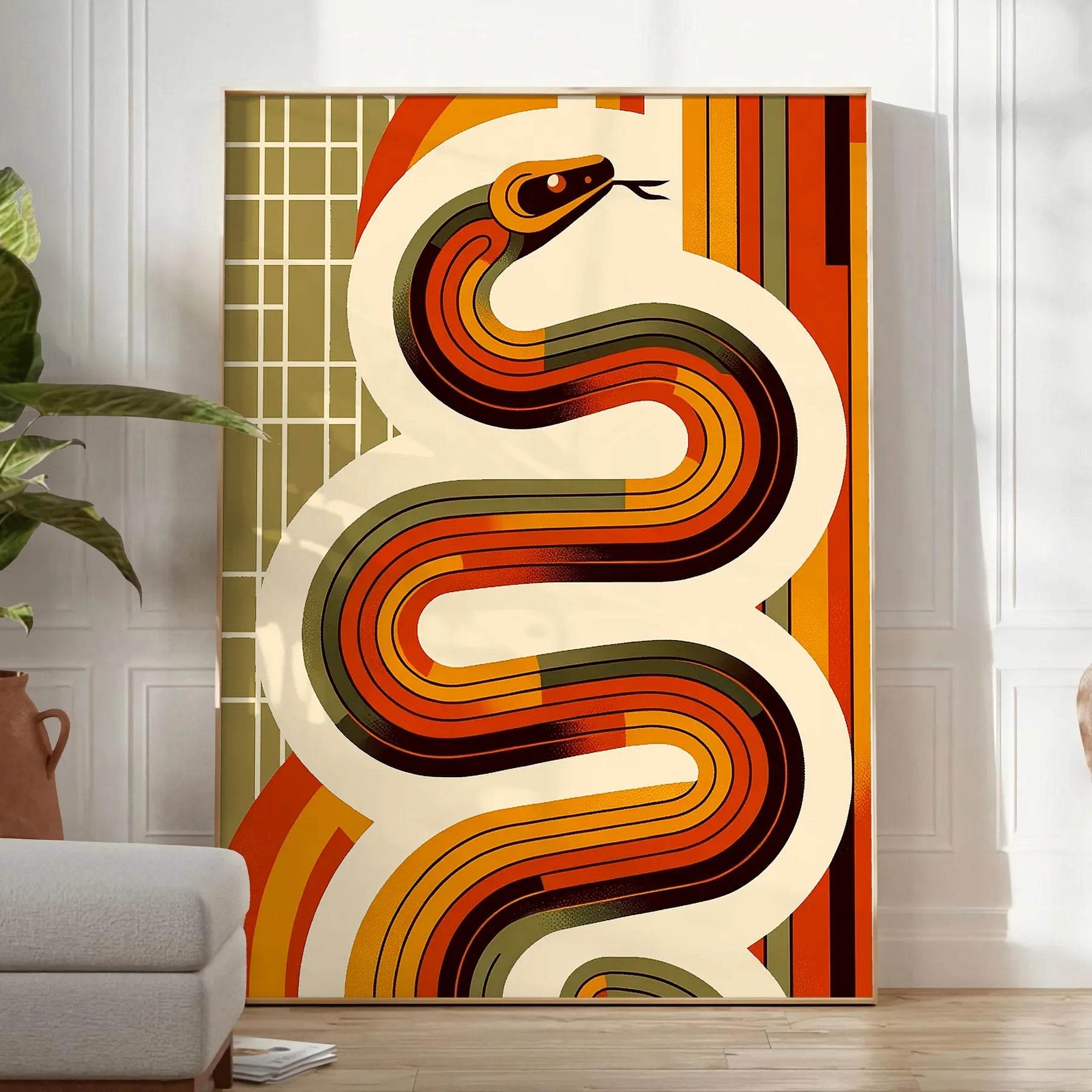 touch nostalgia space midcentury snake poster vibrant orange red hues unique wall art room standout piece thoughtful gift unframed edition decor