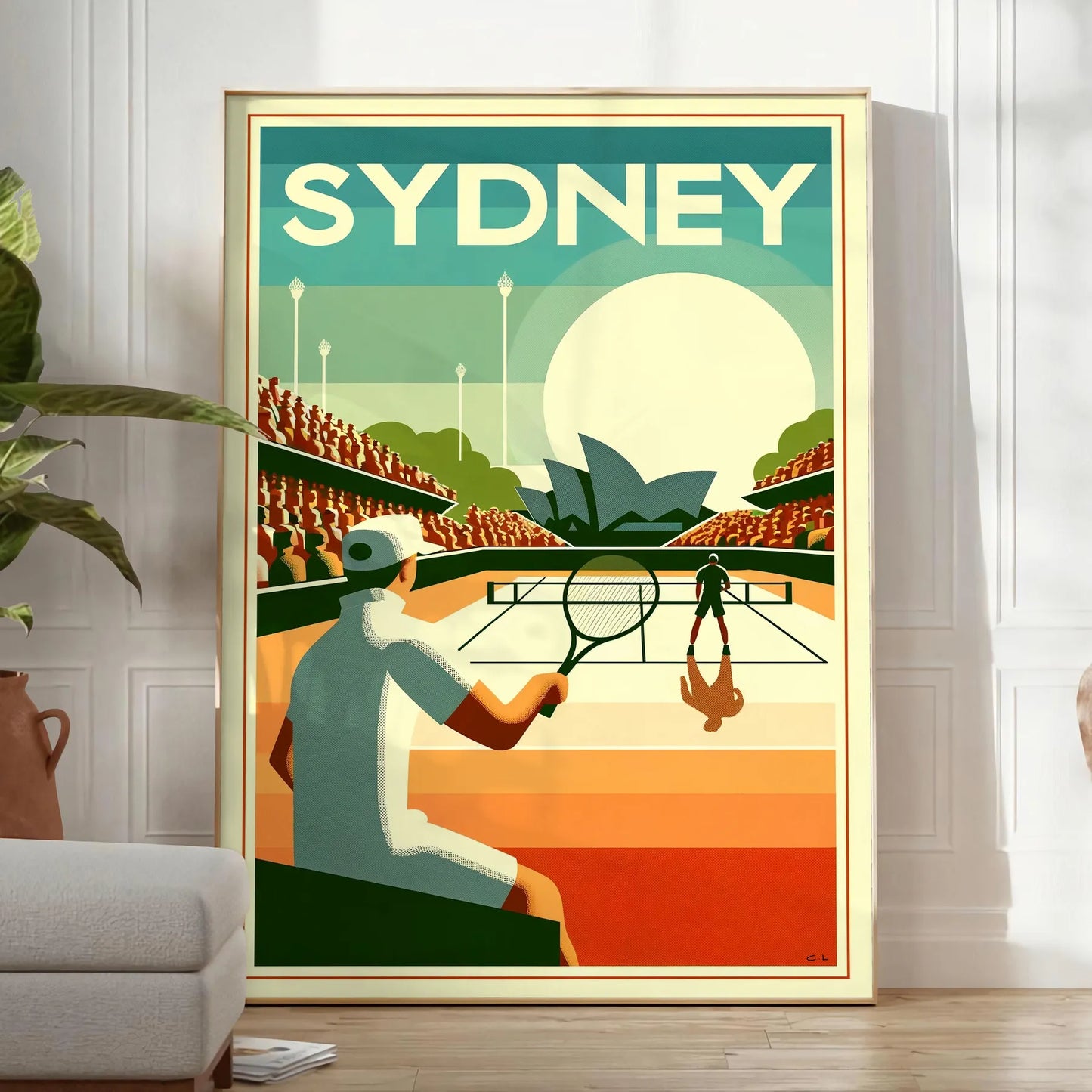Classic Sydney Vintage tennis design capturing the spirit of global Grand Slam tournament elegant living room interior framed print