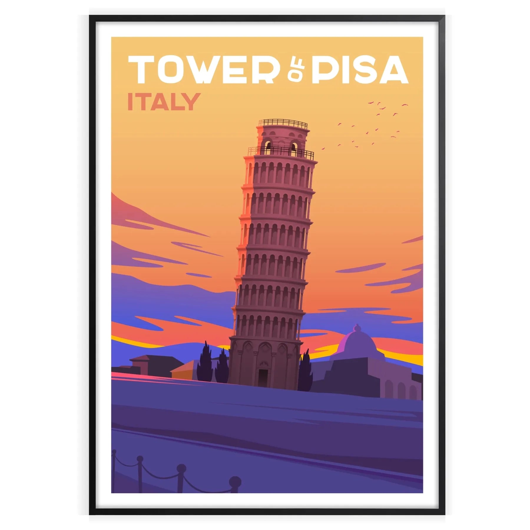 essence Italy stunning Tower Pisa travel poster vibrant purple gray hues perfect wall art decor ideal gift enthusiasts artwork versatile print sizes A4 cm A0