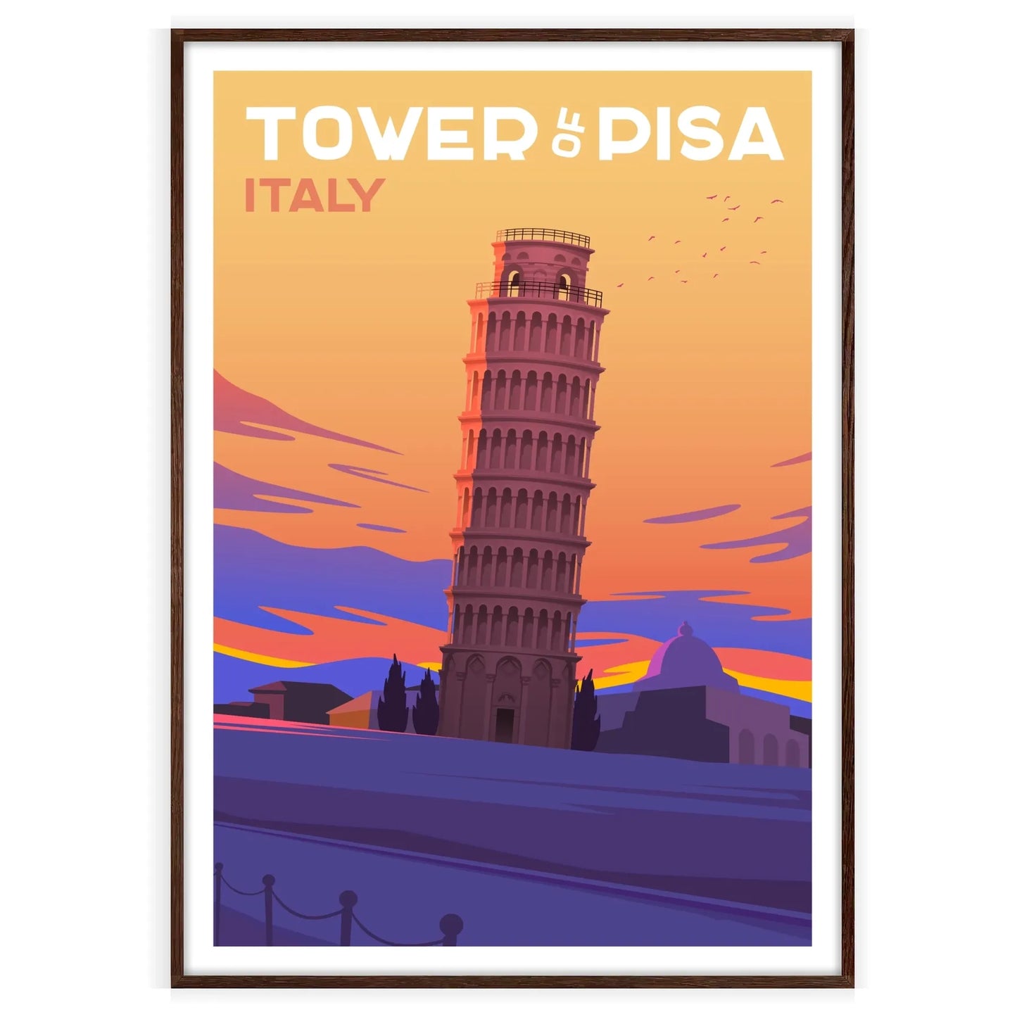essence Italy stunning Tower Pisa travel poster vibrant purple gray hues perfect wall art decor ideal gift enthusiasts artwork versatile print sizes A4 cm A0