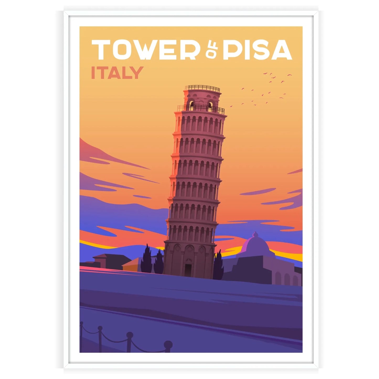 essence Italy stunning Tower Pisa travel poster vibrant purple gray hues perfect wall art decor ideal gift enthusiasts artwork versatile print sizes A4 cm A0