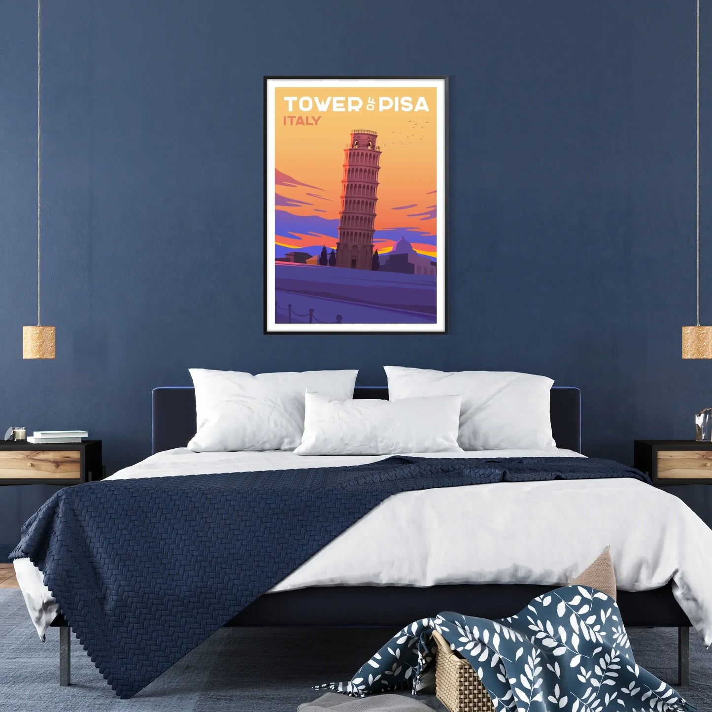 essence Italy stunning Tower Pisa travel poster vibrant purple gray hues perfect wall art decor ideal gift enthusiasts artwork versatile print sizes A4 cm A0