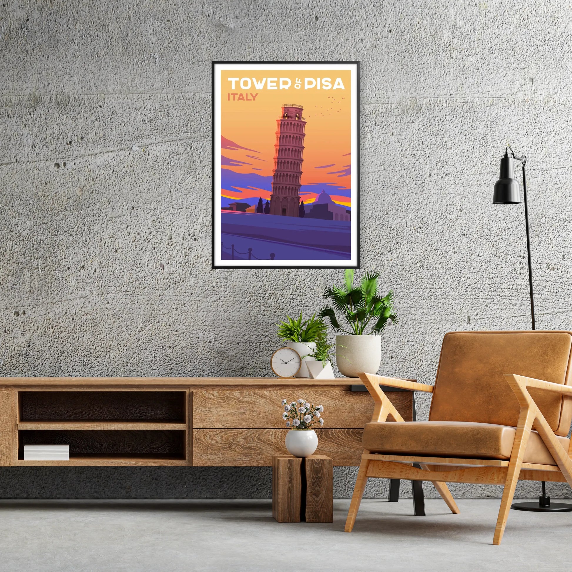 essence Italy stunning Tower Pisa travel poster vibrant purple gray hues perfect wall art decor ideal gift enthusiasts artwork versatile print sizes A4 cm A0