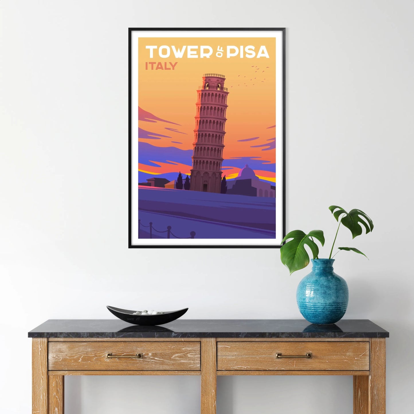 essence Italy stunning Tower Pisa travel poster vibrant purple gray hues perfect wall art decor ideal gift enthusiasts artwork versatile print sizes A4 cm A0