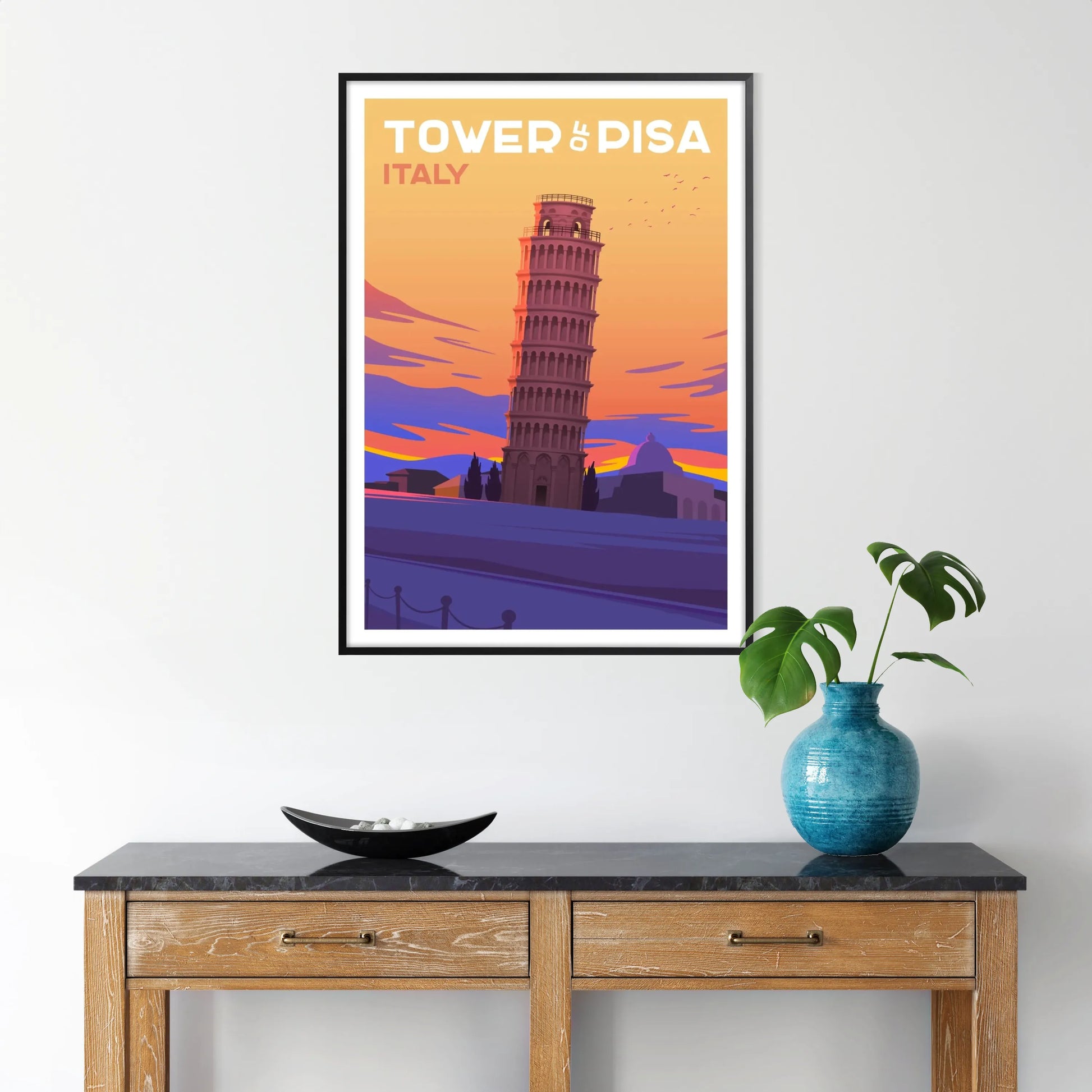 essence Italy stunning Tower Pisa travel poster vibrant purple gray hues perfect wall art decor ideal gift enthusiasts artwork versatile print sizes A4 cm A0