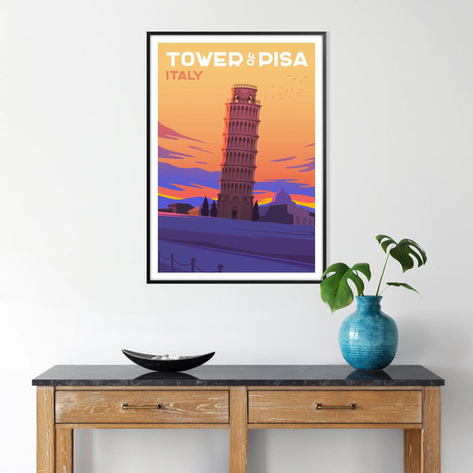 essence Italy stunning Tower Pisa travel poster vibrant purple gray hues perfect wall art decor ideal gift enthusiasts artwork versatile print sizes A4 cm A0