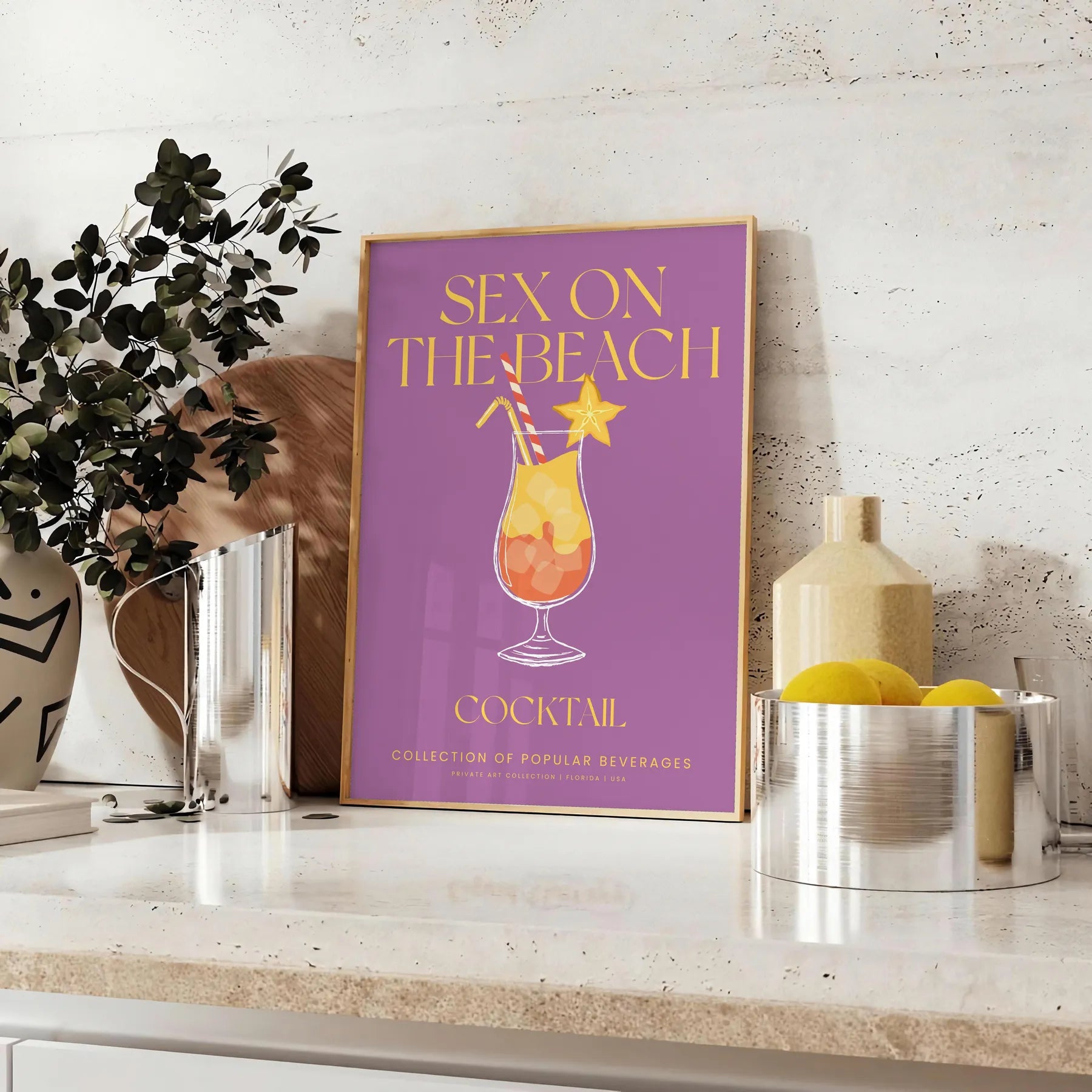 space vibrant Sex Beach cocktail poster burst yellow orange hues stunning wall art perfect gift enthusiasts lovers various dimensions A4 cm A0
